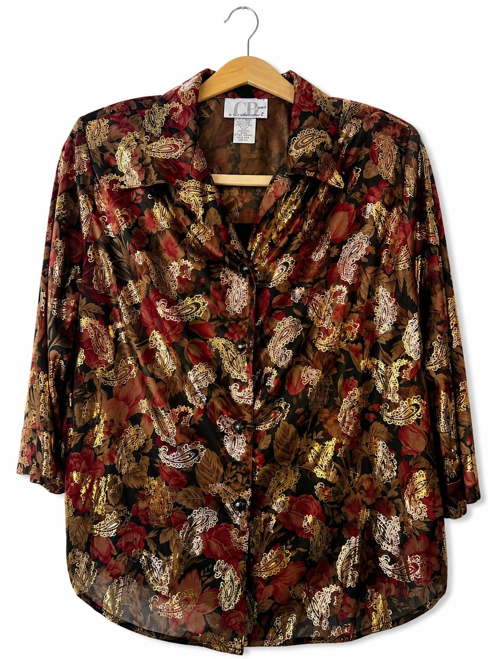 CB Collections Petite Large Floral Paisley Metallic Gold Button Front Blouse